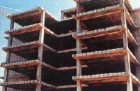 Precast, prestressed concrete frame structure with concrete shear walls 