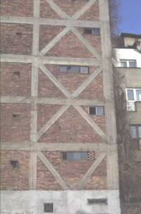 Reinforced concrete frame structure with diagonal bracings and brick infill walls